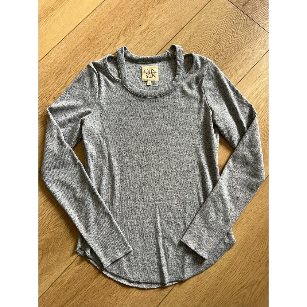 Chaser Grey Ribbed Cutout Shoulder Long Sleeve Top Size Small